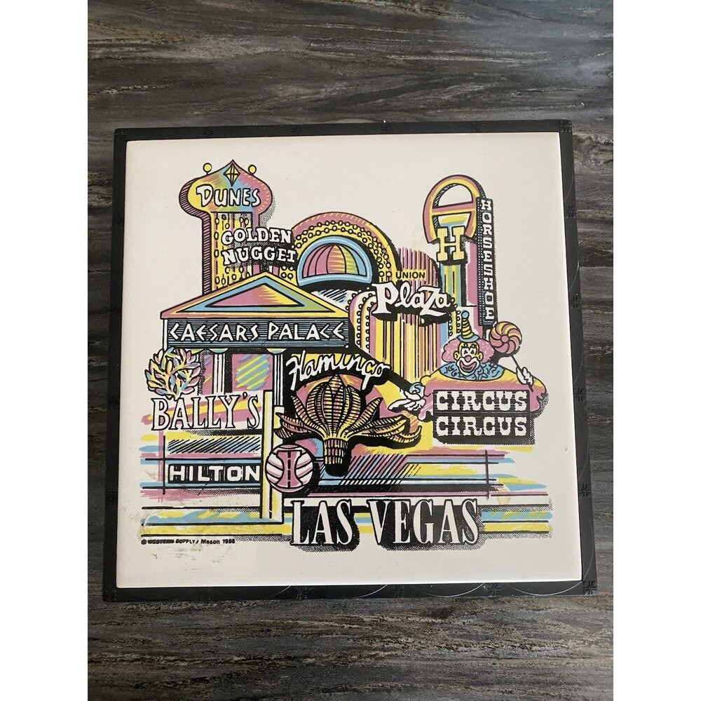 Las Vegas Trivet Western Supply Ceramic Souvenir Wall Tile Stand 1988 Keepsake